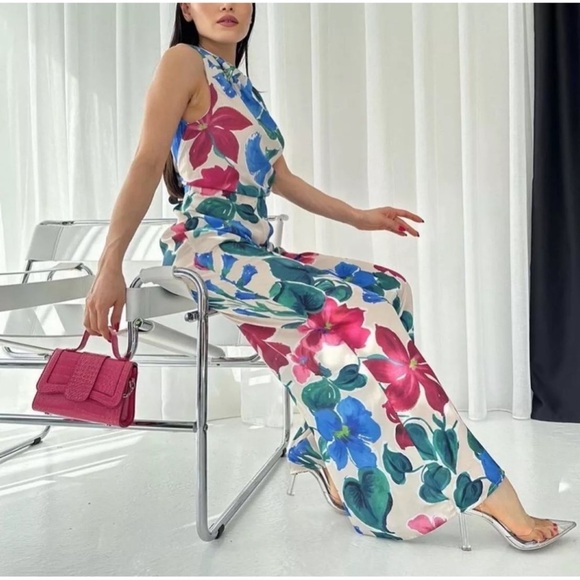 Zara floral flower print satin effect sleeveless jumpsuit Sz XS/M NWT tropical - Picture 3 of 8